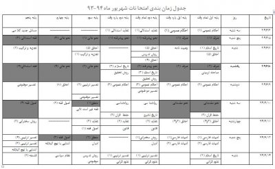 برنامه امتحانات شهریور